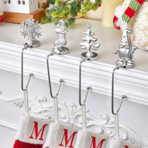 Christmas Stocking Holders for Mantel Set of 4, Non-Slip Adjustable Mantle Stocking Holders, Snowflake Snowman Reindeer Pine Tree Fireplace Stocking Hangers Set for Party Christmas Decorations