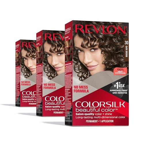 Permanent Hair Color by Revlon, Permanent Brown Hair Dye, Colorsilk with 100% Gray Coverage, Ammonia-Free, Keratin and Amino Acids, Brown Shades, 30 Dark Brown (Pack of 3)