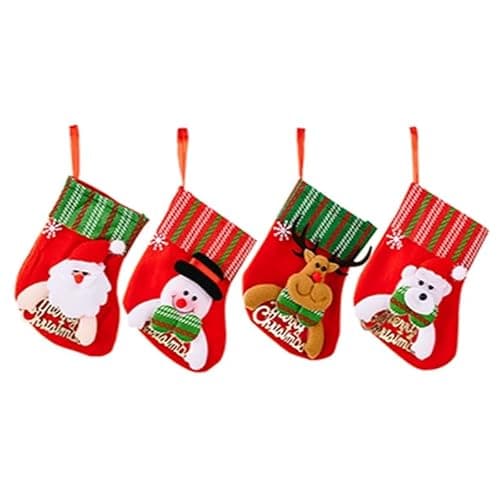 BooJees Christmas 4 Pack Striped Letter Stockings,Large Xmas Stocking Set with Christmas Santa Snowman Reindeer Bear for Fireplace Decoration Gift & Candy Pouch Bag Ornaments (Red)