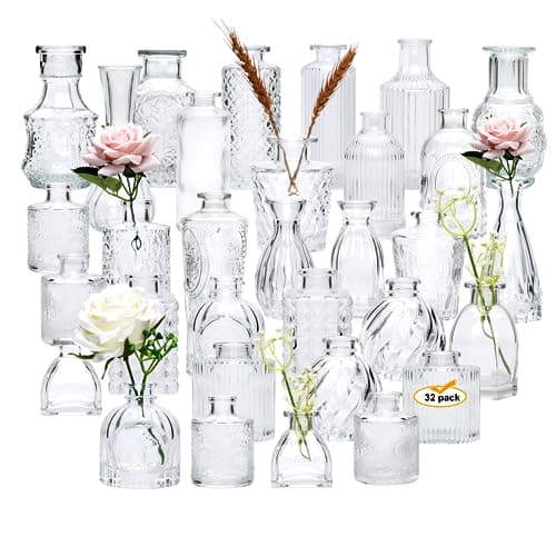 Brajttt Set of 32 Bud Vases for Flowers, Small Vintage Glass Bottles for Rustic Wedding Centerpieces and Home Decor