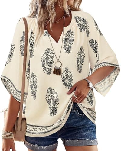 Best Linen Shirts for Summer #6 from Bebonnie Bebonnie Linen Shirts for Women: Womens Tops Dressy Casual Bell Sleeve Summer Spring - Beach Vacation Clothes for Women - Boho Peasant Blouses Plus Size Tunics Tops for Women Multi Apricot XXL