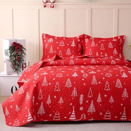 JSD 3 Pcs Kids Christmas Quilt Set Full/Queen, Red Christmas Tree Bedding, Soft Microfiber Bedspread Coverlet Holiday Quilted Blanket