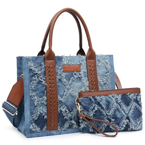 VANSARTO Denim Tote Bag for Women Top Handle Satchel Purse Boho Shoulder Handbags with Wristlet