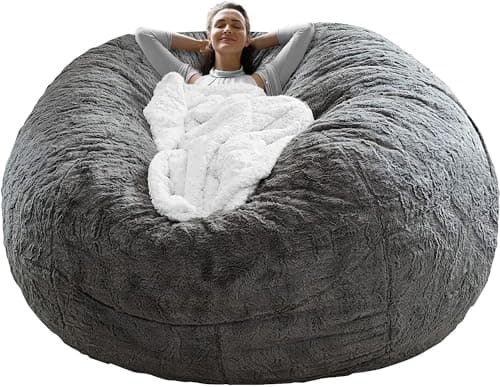 Giant Bean Bag Chair Cover(No Filler),Oversized Round Soft Fluffy PV Velvet Washable Lazy Sofa Bean Bag Bed Cover for Adults, Living Room Bedroom Furniture Outside Cover (Light Gray, 5FT)