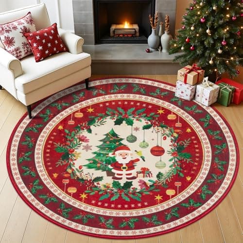 HEBE 4Ft Round Christmas Area Rug, Non Slip Farmhouse Round Rug for Living Room, Washable Soft Circle Rugs for Bedroom Christmas Round Floor Carpet for Dining Room Xmas Holiday Decor