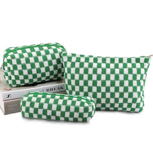 EIMMBD Makeup Bag 3 Pieces Large Capacity Checkered Cosmetic Bags Travel Toiletry Bag Organizer Cute Makeup Pouch Storage for Women (Green)