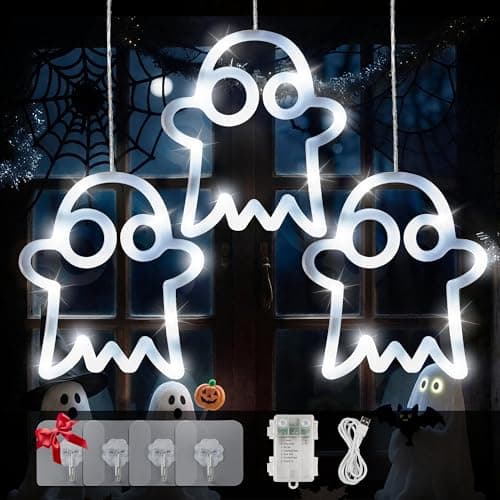 BEEWIN Halloween Decorations Lights, 39 LED 3 White Ghost USB and Battery Powered Window Lights with Timer, 8 Lighting Modes Waterproof Fairy Light for Halloween Indoor Outdoor Party Yard