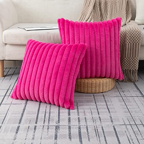 ZLINA Set of 2 Hot Pink Faux Fur Decorative Throw Pillow Covers Fluffy Striped Pillowcase Cushion Covers 18 x 18 Inch Decor Sofa Couch Bedroom