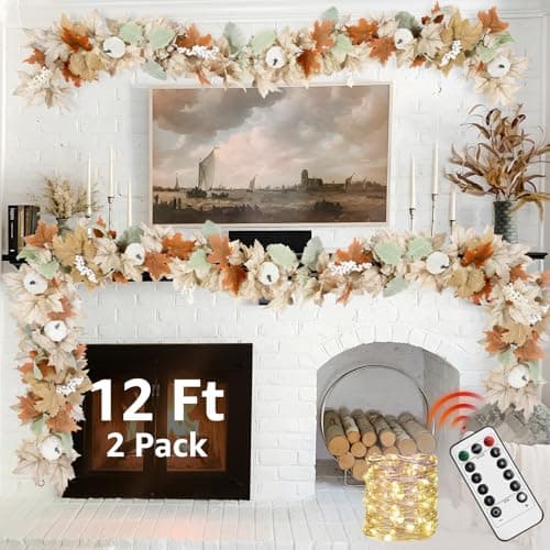 Neutral Fall Garland for Mantle Fireplace - 2 Pack Total 24Ft Outdoor Autumn Leaves Decor for Home Front Door with Pumpkins Indoor Maple for Farmhouse Stairs Porch Halloween Thanksgiving Decorations