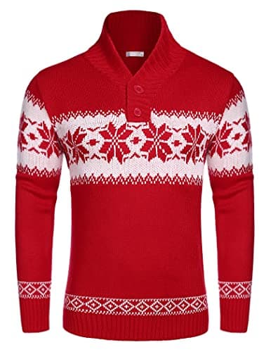 COOFANDY Mens Christmas Sweaters Knitted Holiday Sweater Snowflake Pullover Argyle Casual Knitwear Red M