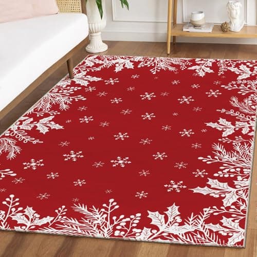 Artoid Mode Red Holly Snowflakes Christmas Area Rug, Xmas Winter Home Decor Low-Profile Washable Area Rugs for Entryway Bedroom Living Room Laundry Room Indoor 5x7 Feet