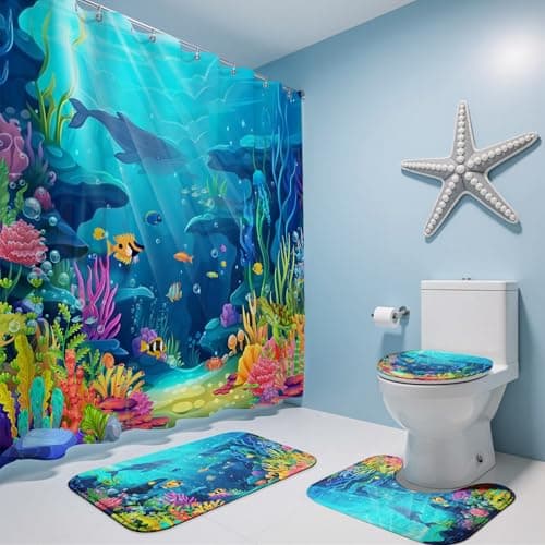 4pcs Ocean Shower Curtain Set, Tropical Underwater World Kids Shower Curtain Set with Non-Slip Washable Bath Rugs, Toilet Lid Cover Funny Shark Turtle Fish Ocean Kids Bathroom Decor Accessory