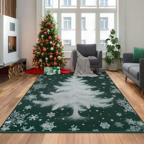 Christmas Indoor Area Rug 3x5, Green Machine Washable Bedroom Rug, Christmas Tree Print Soft Rugs with Non-Slip Rubber Backing, Holiday Decorations Carpet for Living Room, Entryway, Kitchen Rug