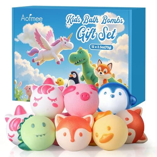 Aofmee Bath Bombs for Kids, 12 Pcs Kids Bath Bombs with Essential Oil, 6 Animal Shapes and Fruity Aroma, Natural Organic Spa Gift Set for Boys Girls, Birthday Christmas Halloween