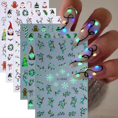Glow in The Dark Christmas Nail Stickers 6PCS - Neon Santa Candy Cane Tree Snowflake Designs, 3D Self-Adhesive Nail Art Decals for DIY Holiday Manicure Decorations for Women