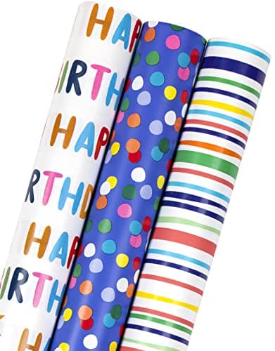 MAYPLUSS Birthday Wrapping Paper Roll - Mini Roll - 17 inch X 120 inch Per roll - Polka dots, Stripes Patterns (42.3 sq.ft.ttl)
