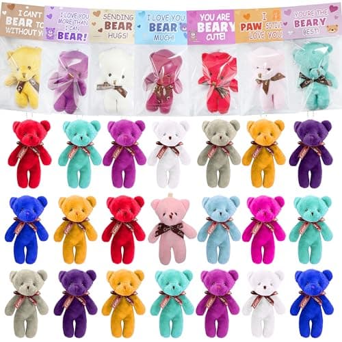 Cherislpy 24 Pcs Valentines Gift Cards for Kids with Plush Bears Plush Toys Stuffed Animal Plush Toys for Kids Girls Boys Valentines Gifts Party Favors Classroom School Exchange Prize