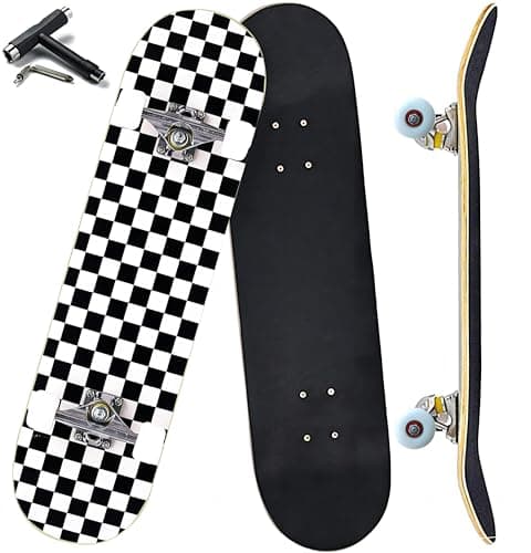 ANYFUN Pro Complete Skateboards for Beginners Girls Boys Kids Youths Teens Adults 31"x8" Skate Boards 7 Layers Canadian Maple Double Kick Deck Concave Longboard (Checkerboard)