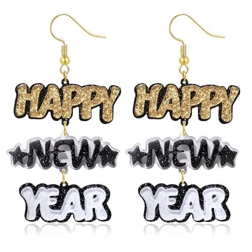 Trinckle Happy New Years Earrings for Women, Statement Nye Earrings Glitter Holiday Earrings for Girls New Years Eve Outfit Accessories Nye jewelry as Eve Party Favors New Year's Gifts