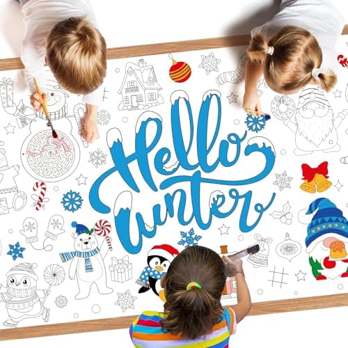 1 Pack Winter Coloring Poster - Hello Winter Giant Coloring Tablecloth for Kids, Snowflake Christmas Paper Table Cloth Cover Crafts for Gifts Party Classroom Games Activities Decorations, 72 x 30 Inch