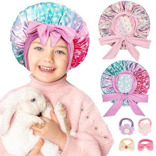 2 PCS Kids Silk Bonnet,Baby Sleeping Bonnet,Satin Cap for Girls Baby Toddler Tie Bonnet Kid Sleep Cap with 4 Toddler Hair Ties Multicolor