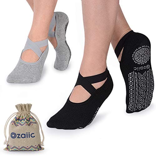 Yoga Socks for Women Non-Slip Grips & Straps, Ideal for Pilates, Pure Barre, Ballet, Dance, Barefoot Workout (2 Pairs- Black/Gray, one_size)