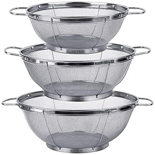 3 Pack 18/8 Stainless Steel Colander Sieves(5-Quart, 4-Quart and 3-Quart), Mesh Strainer Net Baskets with Handles & Resting Base for Strain, Drain, Rinse or Steam