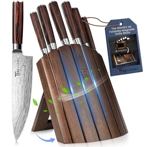 SYOKAMI Knife Set 7 Piece Japanese Style Kitchen Knife Set With Foldable Magnetic Acacia Wood Block Sharp High Carbon Stainless Steel Knives Set for Kitchen with Anti-slip Handle, Christmas Gift