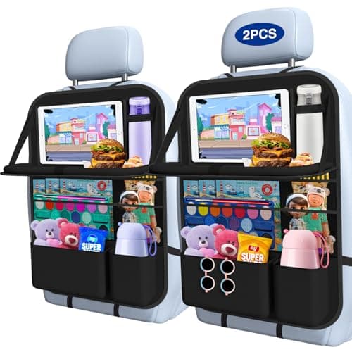 Oneyus Car Backseat Organizer with Table Tray(2-Pack) 9 Storage Pockets Backseat Car Organizer and storage with Tablet Holder, Kick Mats Back Seat Cover for Kids family Road Trip Essentials Travel