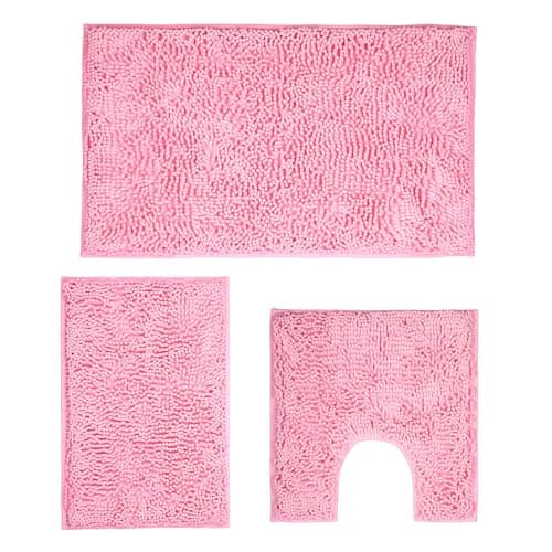 Xmecyino Pink Bathroom Rugs Sets 3 Piece Washable, Luxury ，Chenille Bath Mat Set, Soft Plush Anti-Slip Rectangular Bath， Rug Super Absorbent.3 Pieces Bathroom (Pink, 32"x20"+24"x16"+U Shape 20"x20")