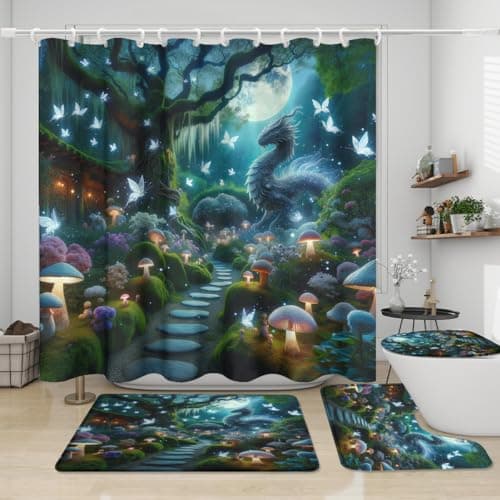 Fantasy Enchanted Forest Dragon 4 Piece Shower Curtain Sets,Fairytale Forest Spring Garden Mushrooms Butterflies Non-Slip Rugs,Toilet Lid Cover and Bath Mat,Durable and Waterproof,for Bathroom