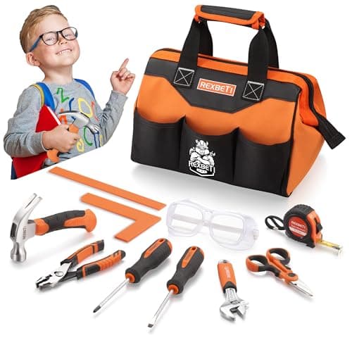 REXBETI 10-Piece Kids Tool Set with Real Hand Tools, Orange Durable Storage Bag, Children Learning Tool Kit for Home DIY and Woodworking