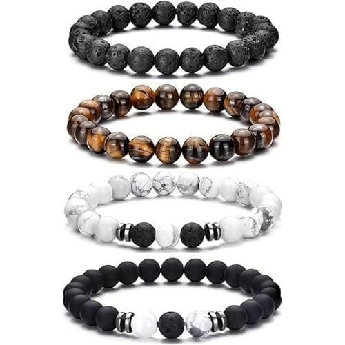 Joyandcelet Tiger Eye Bracelet for Men 8MM Natural Stone Stretch Adjustable Black Crystal Beaded Bracelet for Men Women Gifts, Beaded Bracelets (4 Packs, Exquisite Box/Pouch)
