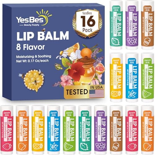 YesBes 16 Pack Lip Balm, Natural Lip Balm Bulk with Vitamin E and Coconut Oil, Moisturizing Lip Balms for Dry Cracked Lips, Lip Balms for Stocking Stuffers - 8 Flavors