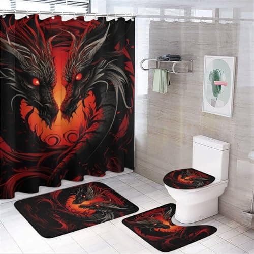 Dunmat 4PCS Cool Dragon Shower Curtain Set Vintage Mysterious Fire Red Creature Bathroom Decor Sets with Rugs Bathroom Accessories Set Bathroom Curtain Shower Set with 12 Hooks