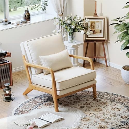 MALOL Mid-Century Accent Chair with Solid Wood Frame, Reading Relaxing Armchair Lumbar Pillow& Soft Cushion, Leisure Chair for Living Room, Bedroom, Waiting Room-Beige