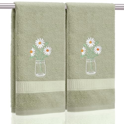 SmoothNovelty 2 Pcs Daisy Flower Hand Towels Gray Green Bathroom Decor 14x29 Inch Embroidered 100% Cotton Soft Absorbent Spring Summer Decorative Hand Towels for Bathroom Kitchen
