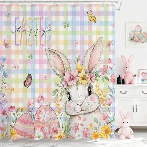 Mocsicka Happy Easter Shower Curtain for Bathroom Spring Cute Bunny Floral Shower Curtain Colorful Waterproof Checkered Bath Curtain for Spring Easter Bathroom Decor Accessory 72 X 72 Inch