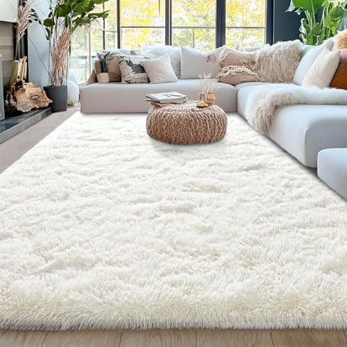 5x7ft Fluffy Fuzzy Area Rug for Living Room Bedroom, Ultra Soft Rugs for Living Room, Modern Shaggy Carpets Rug for Boys Girls Dorm Nursery Home Decor Aesthetic, Upgrade Non-Slip Durable, Cream White