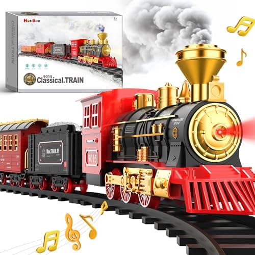 Hot Bee Train Set - Christmas Tree Train Toys for Boys with Smokes, Lights and Sound, Toy Train Set for Under Christmas Tree, Toddler Model Trains for 3 4 5 6 7 8+ Years Old Kids Christmas Toys Gifts