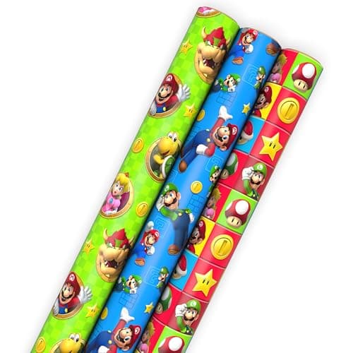 Hallmark Nintendo Super Mario Wrapping Paper Rolls for Kids with Cutlines on Reverse (3 Rolls: 60 Sq. Ft. Total) Mario, Luigi, Yoshi, Bowser, Princess Peach, Toad