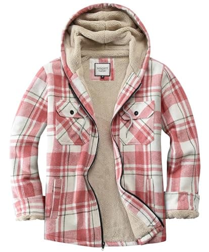 WINDFIT Women's Full Zip Fleece Flannel Jacket Plaid Sherpa Lined Jacket for Women Pink Large