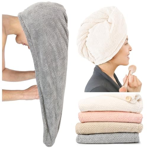 ROLSHOL Extra Large 4 Pack Microfiber Hair Towel Wrap for Women Super Absorbent & Quick Dry Hair Drying Towels with Button, Hair Turbans for Curly Hair Long & Short Hair - Anti-Frizz