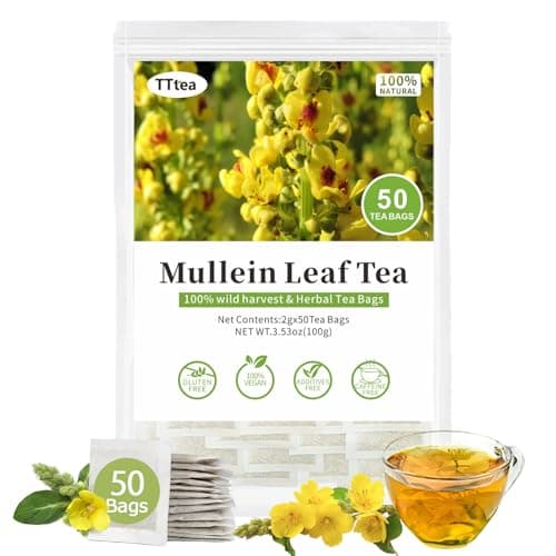 50 Organic Mullein Leaf Tea Bags for Lungs Cleanse and Respiratory Support, Herbal Detox Tea for Smokers, 100% Pure Natural Leaves, Caffeine Free, Non GMO