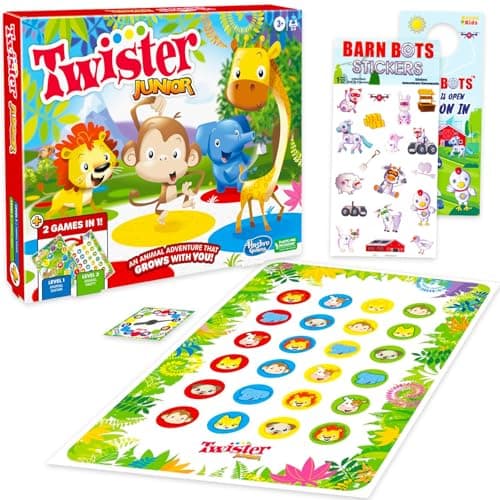 Twister Junior Game for Kids - Bundle with 2 in 1 Twister Junior Animal Safari and Animal Party Game for Kids, Toddlers Plus Stickers, More | 2-Sided Mat Activity Set