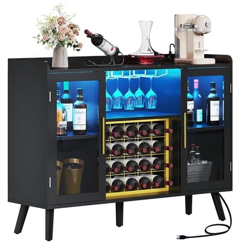 DWVO Wine Bar Cabinet with Led Lights & Power Outlets, 53" Coffee Bar Cabinet for Liquor and Glasses, Modern Buffet Sideboard with Storage Cabinet for Kitchen, Dining & Living Room, Black