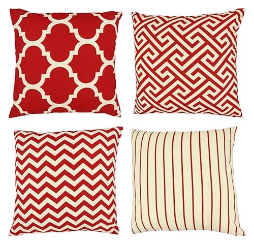 PurpleEssences Modern Pattern Spring Summer Easter Sofa Pillow Covers, Set of 4 Pillow Covers 18x18 - Decorative Geometric Throw Pillow Cushion Case for Indoor Outdoor, Car - Red, Square