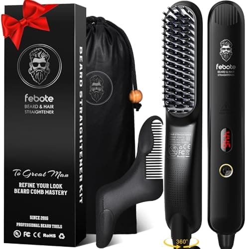 FEBOTE Heated Ionic Hair Straightening Brush for Men - 5 Temperature Settings, Anti-Scald, Beard Shaper & Travel Bag