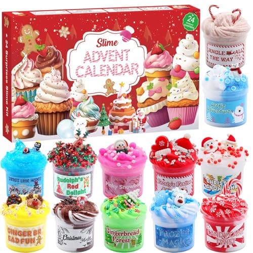 Slime Advent Calendar 2024 - Christmas Countdown Calendars 24 Days of Surprises with Different Texture Fluffy Slime Kit Funny Gifts Toy for Toddler Kids Teens Girls 4 5 6 7 8 9 10 11 12 Year Old