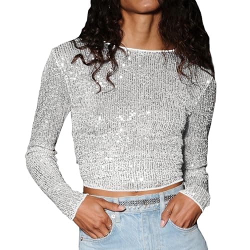 Women Sequin Long Sleeve Crop Tops Slim Glitter Crew Neck Sparkle Tops Blouse Y2k Sexy Party Tops Clubwear (A Silver,Medium)